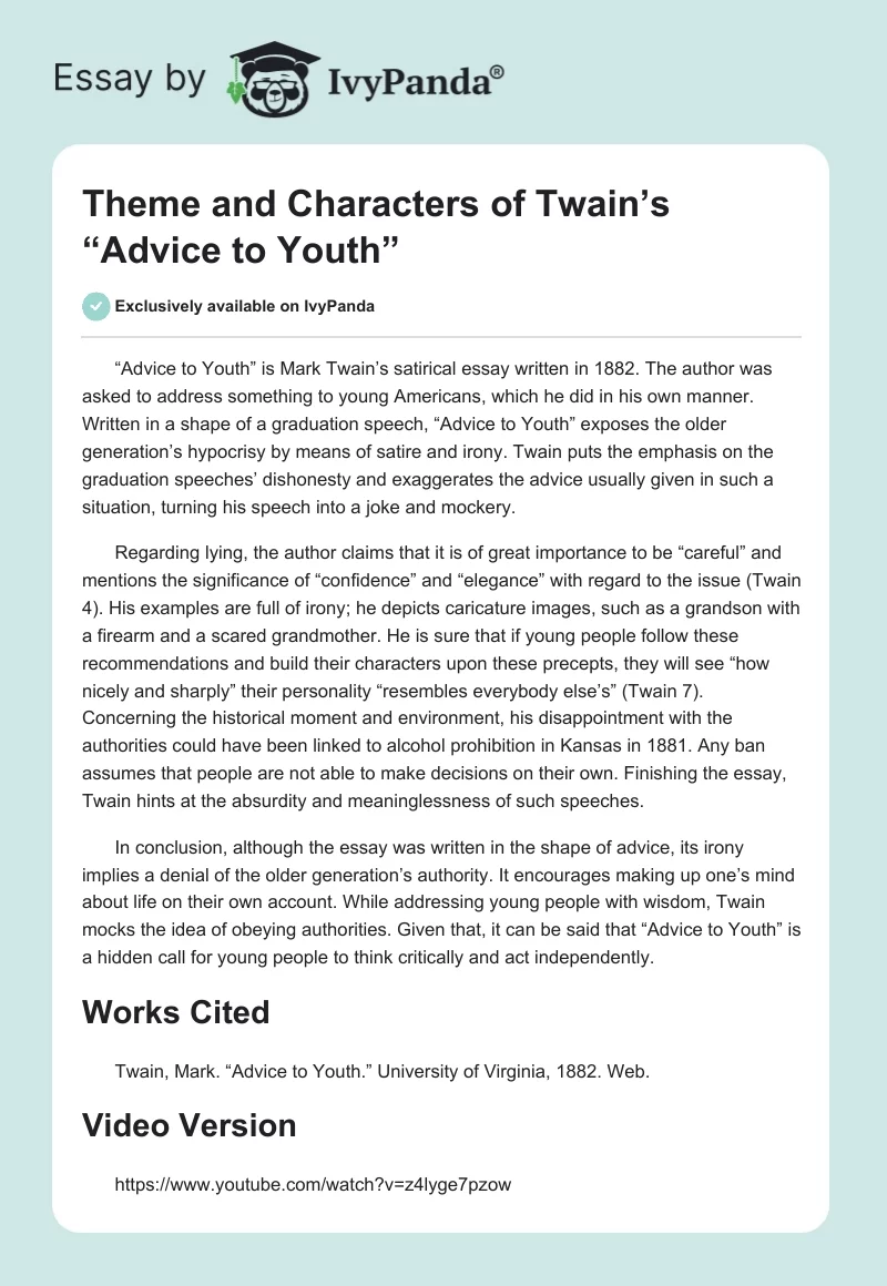 Theme and Characters of Twain’s “Advice to Youth”. Page 1