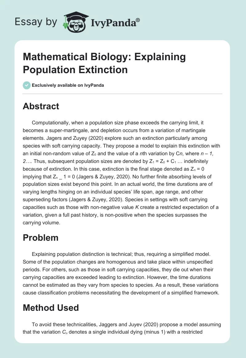 Mathematical Biology: Explaining Population Extinction. Page 1