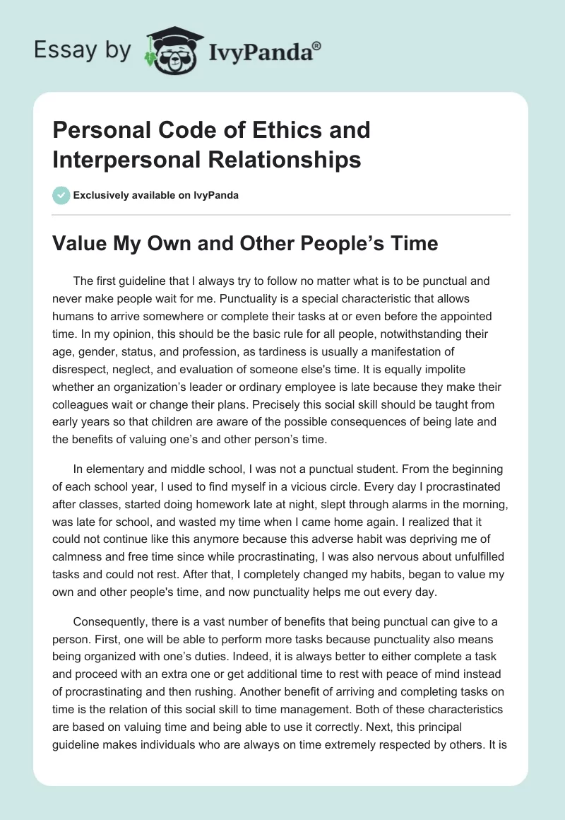 Personal Code of Ethics and Interpersonal Relationships. Page 1