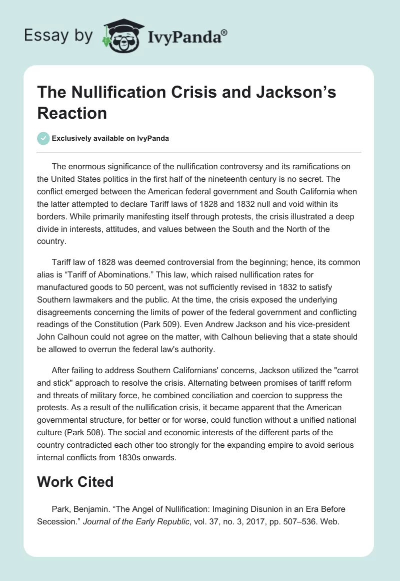 The Nullification Crisis and Jackson’s Reaction. Page 1