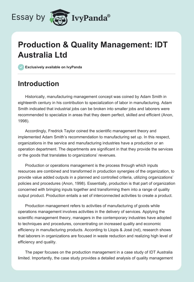 Production & Quality Management: IDT Australia Ltd. Page 1