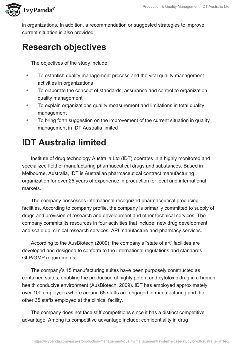 Production & Quality Management: IDT Australia Ltd. Page 2