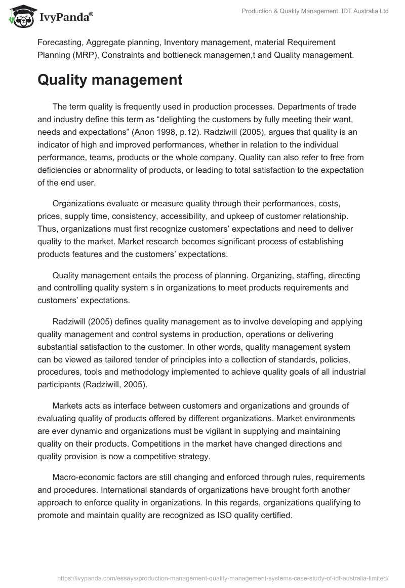 Production & Quality Management: IDT Australia Ltd. Page 4