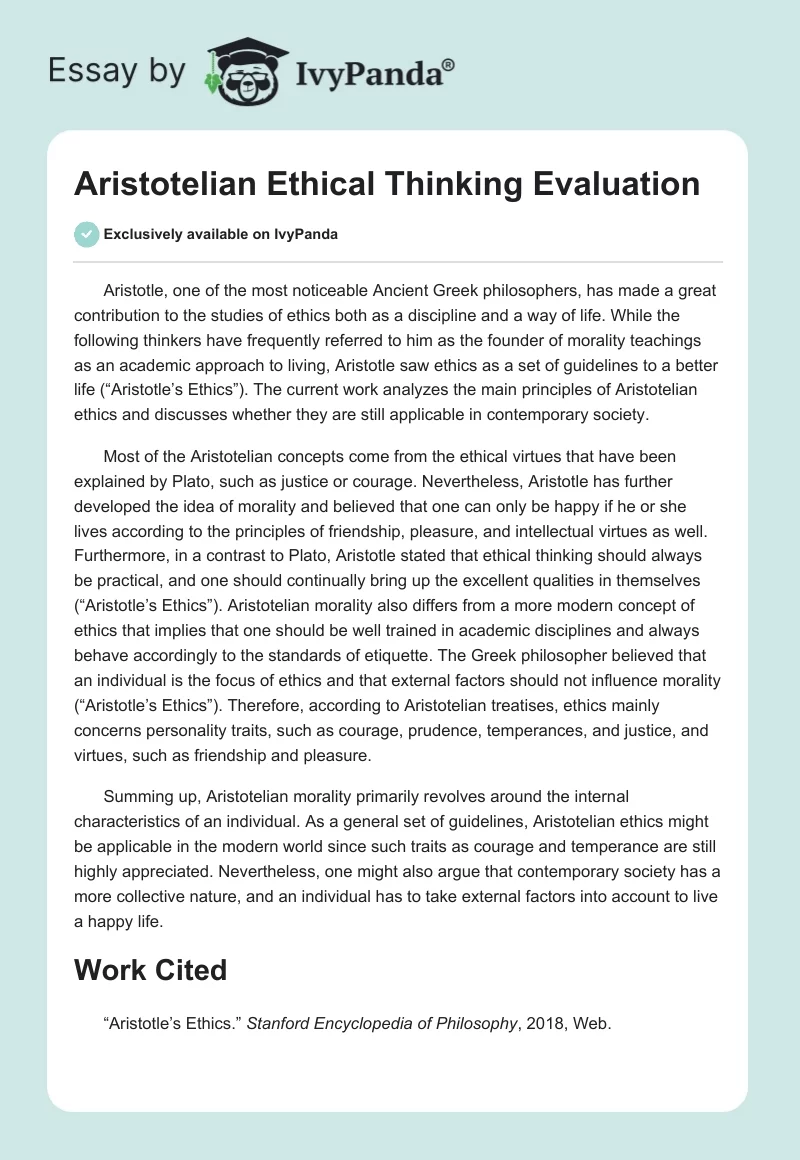 Aristotelian Ethical Thinking Evaluation. Page 1