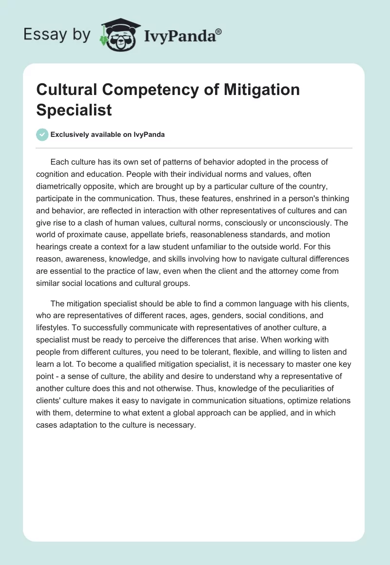Cultural Competency of Mitigation Specialist. Page 1