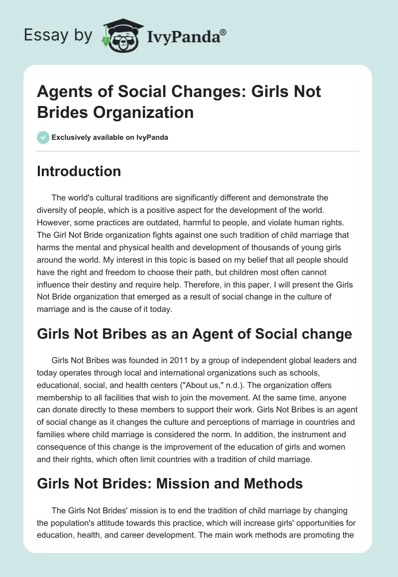 Agents of Social Changes: Girls Not Brides Organization. Page 1