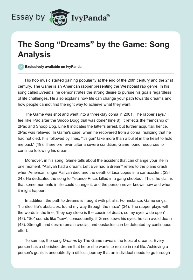 The Song “Dreams” by the Game: Song Analysis. Page 1