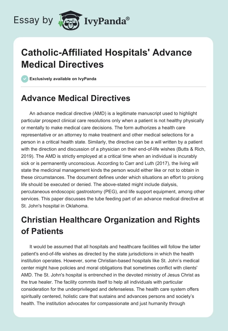 Catholic-Affiliated Hospitals' Advance Medical Directives. Page 1