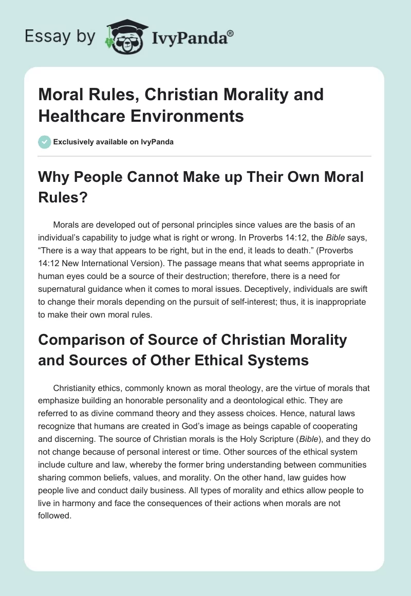 Moral Rules, Christian Morality and Healthcare Environments. Page 1