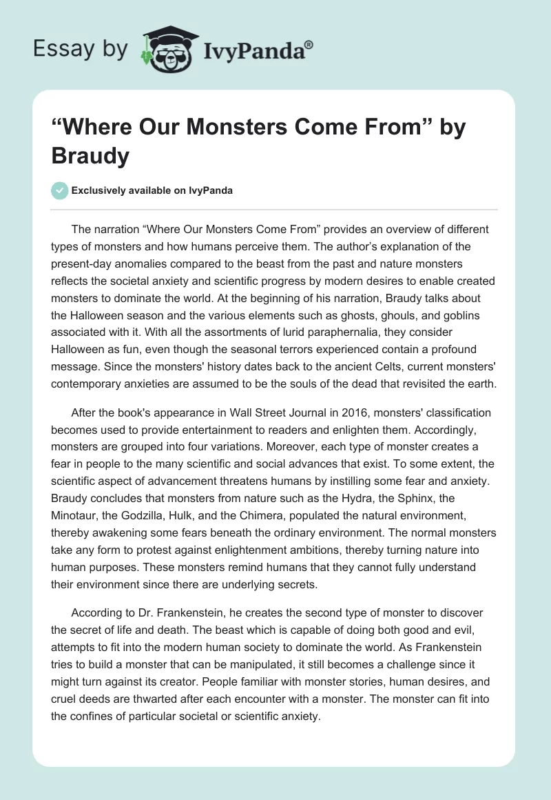 “Where Our Monsters Come From” by Braudy. Page 1
