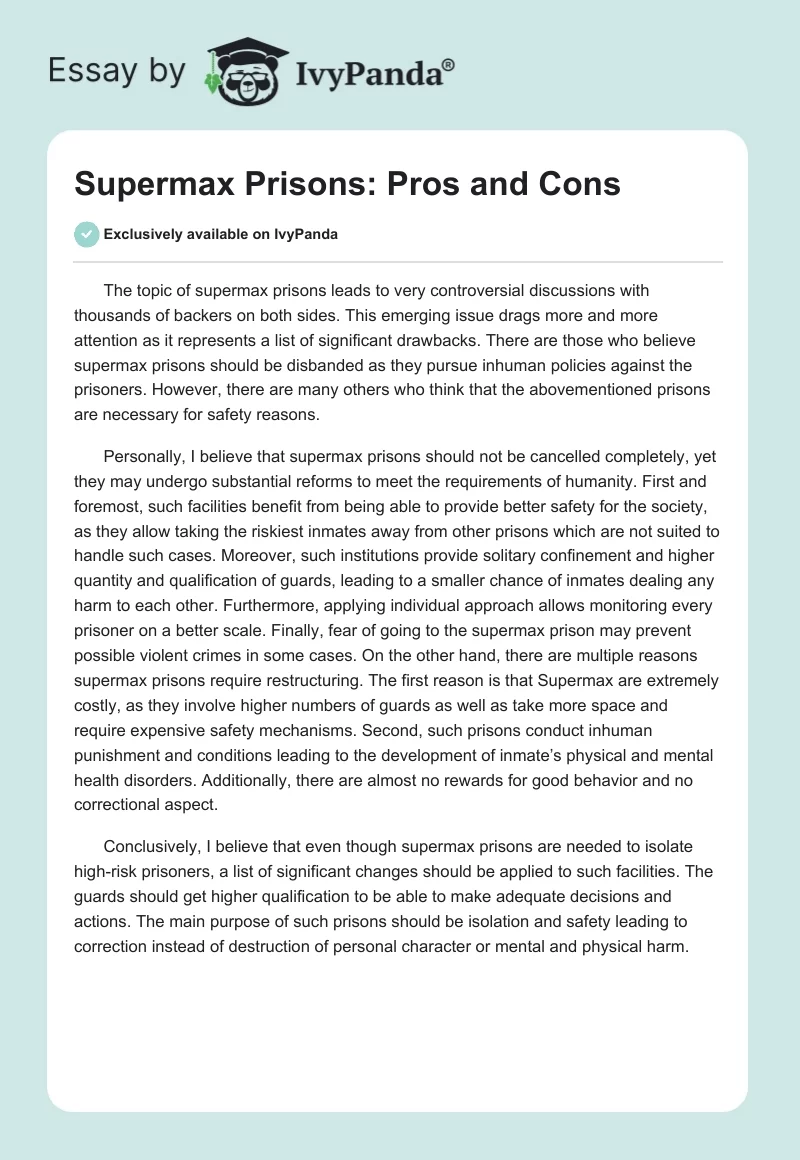 Supermax Prisons: Pros and Cons. Page 1