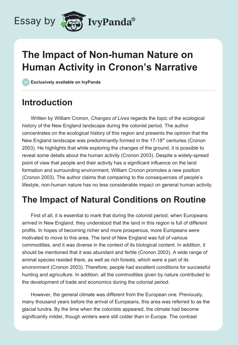 The Impact of Non-human Nature on Human Activity in Cronon’s Narrative. Page 1
