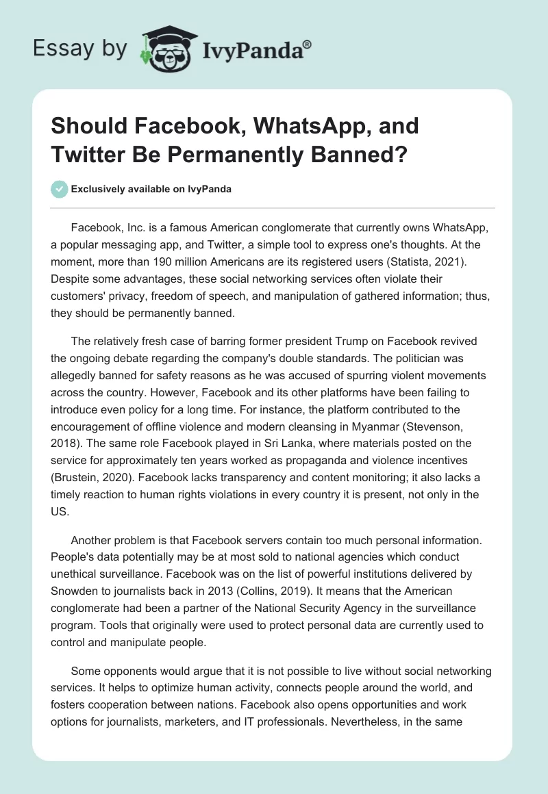 Should Facebook, WhatsApp, and Twitter Be Permanently Banned?. Page 1