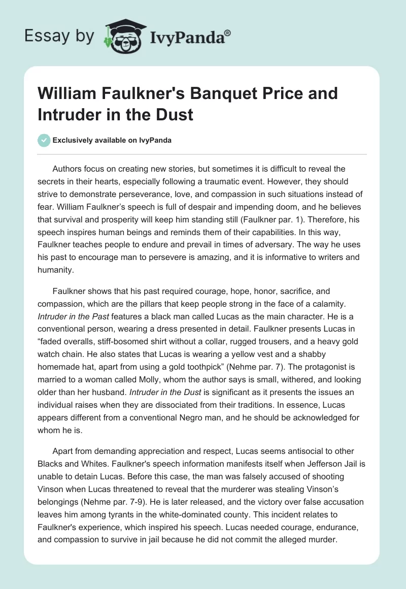 William Faulkner's Banquet Price and Intruder in the Dust. Page 1