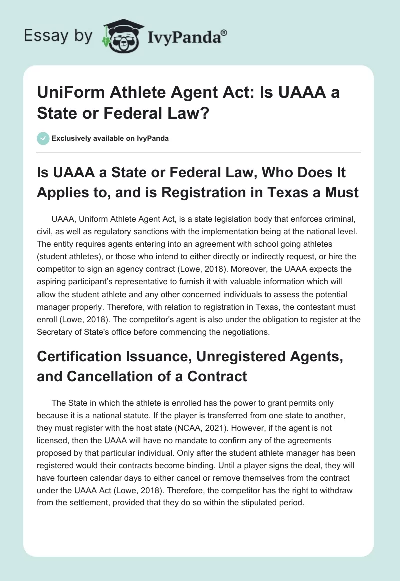 UniForm Athlete Agent Act: Is UAAA a State or Federal Law?. Page 1