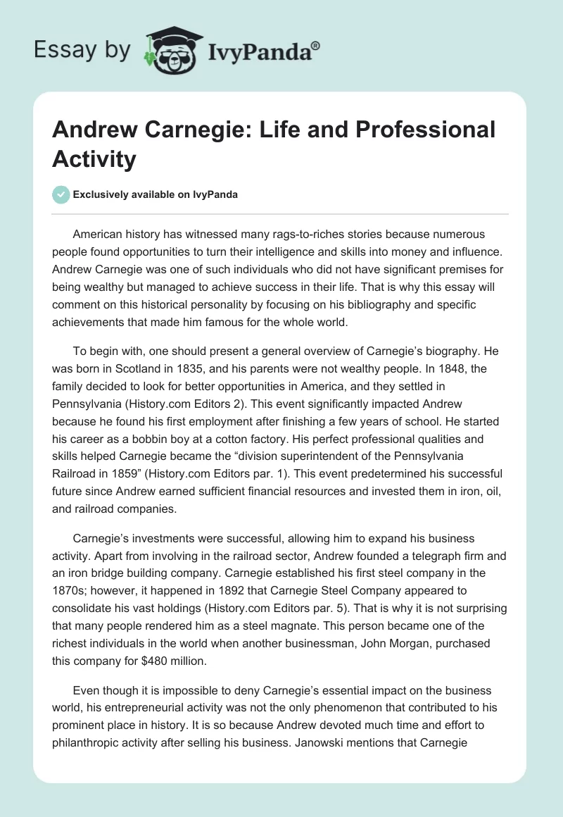 Andrew Carnegie: Life and Professional Activity. Page 1