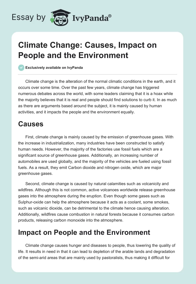 Climate Change: Causes, Impact on People and the Environment. Page 1