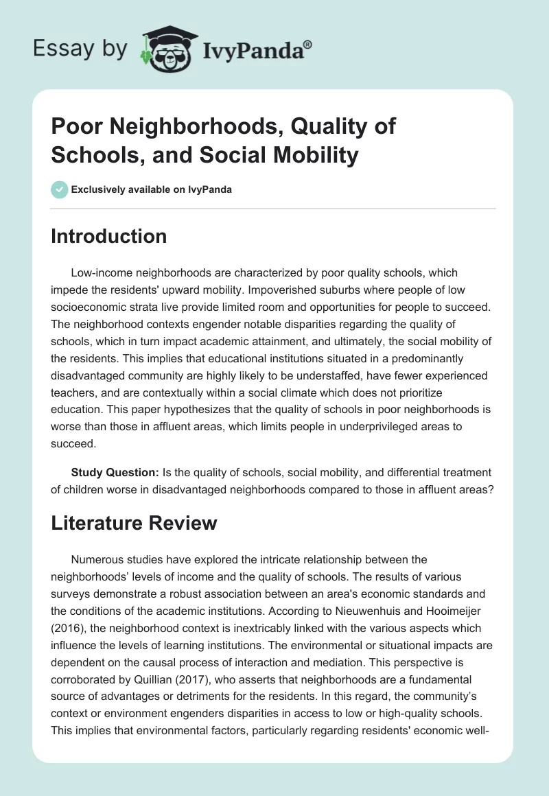 Poor Neighborhoods, Quality of Schools, and Social Mobility. Page 1