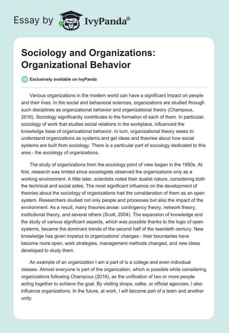Sociology and Organizations: Organizational Behavior. Page 1