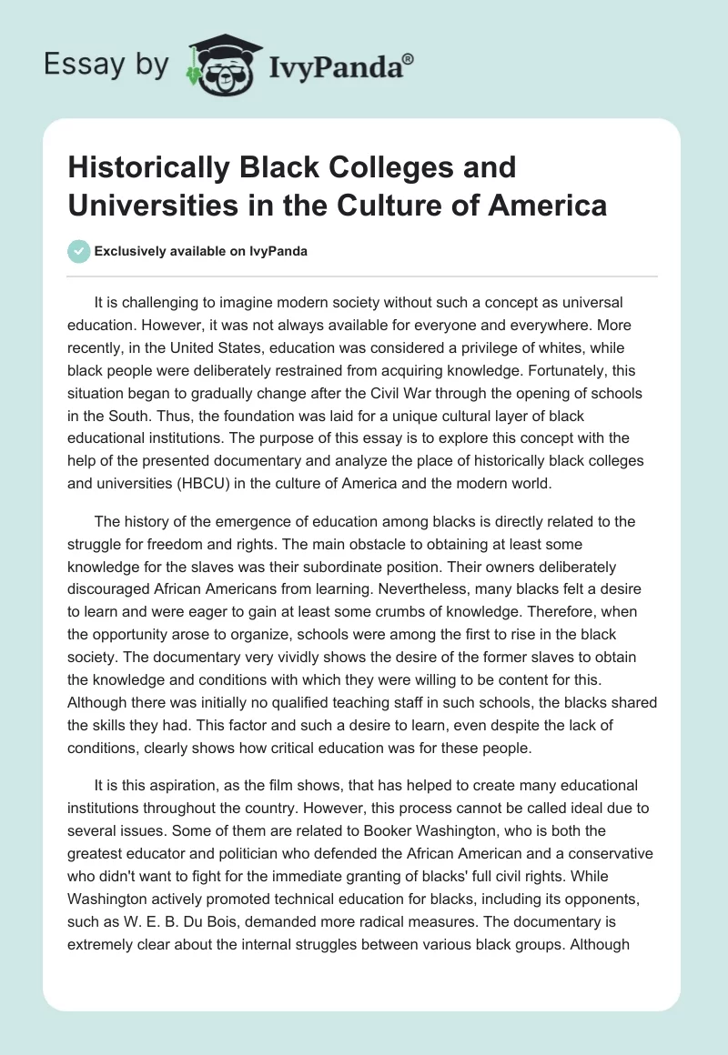 Historically Black Colleges and Universities in the Culture of America. Page 1
