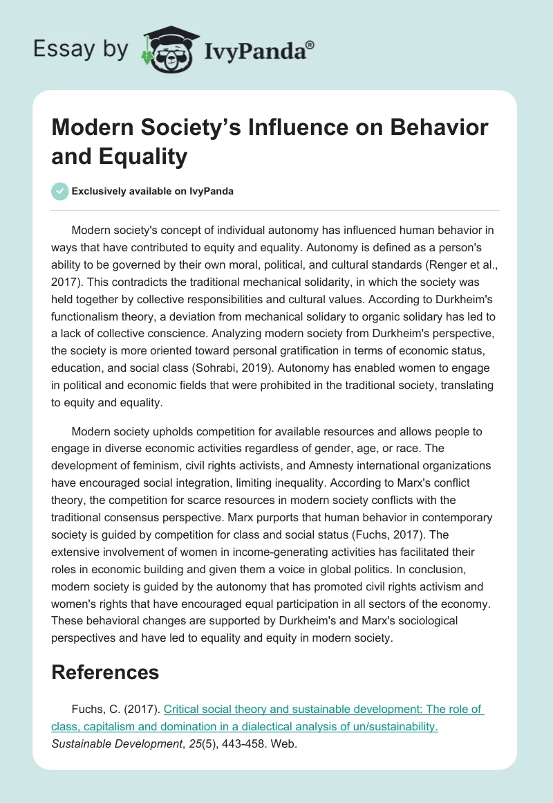 Modern Society’s Influence on Behavior and Equality. Page 1
