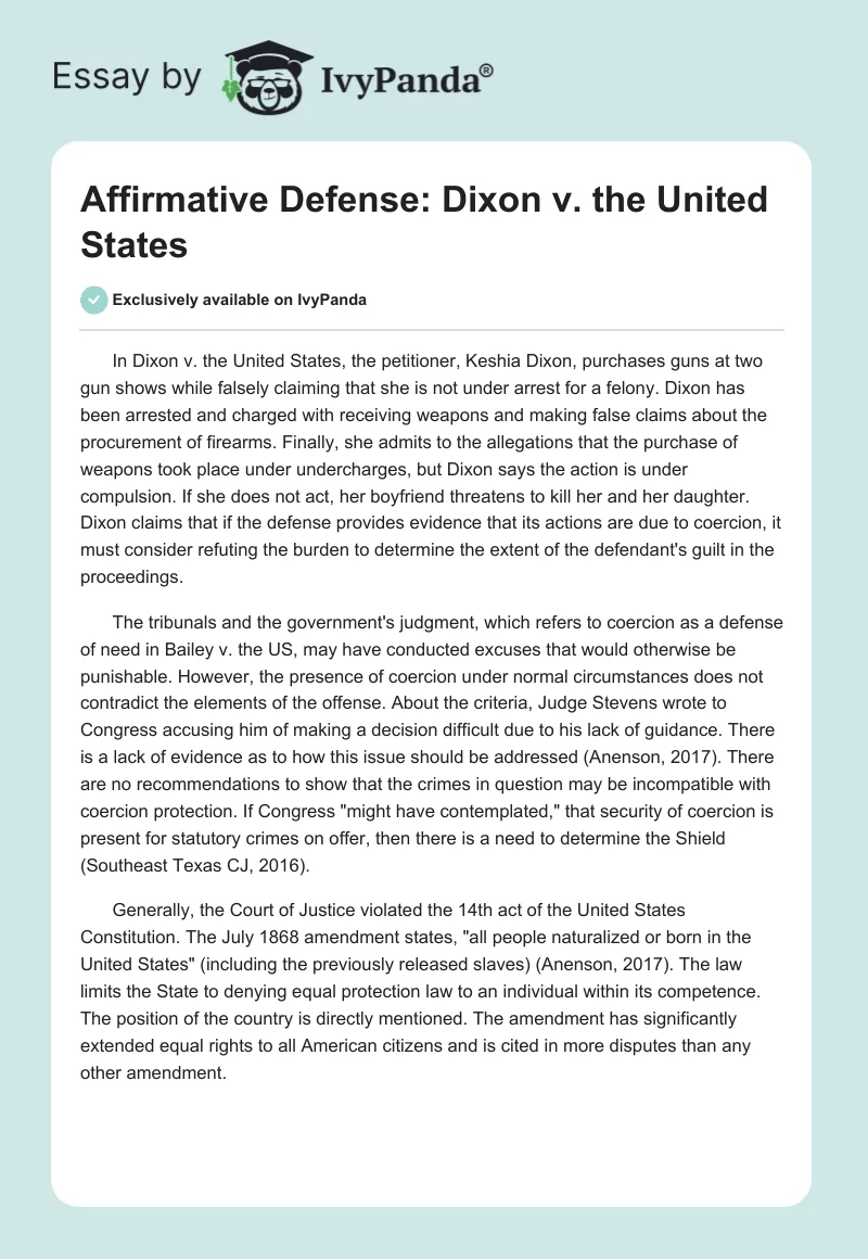 Affirmative Defense: Dixon v. the United States. Page 1