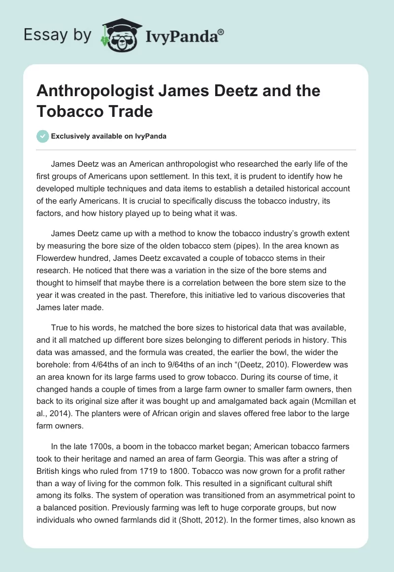 Anthropologist James Deetz and the Tobacco Trade. Page 1