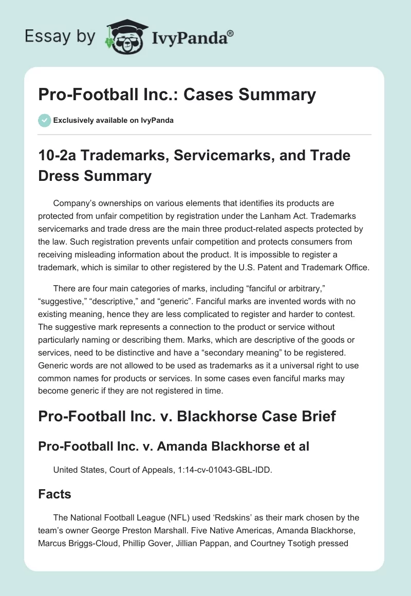 Pro-Football Inc.: Cases Summary. Page 1