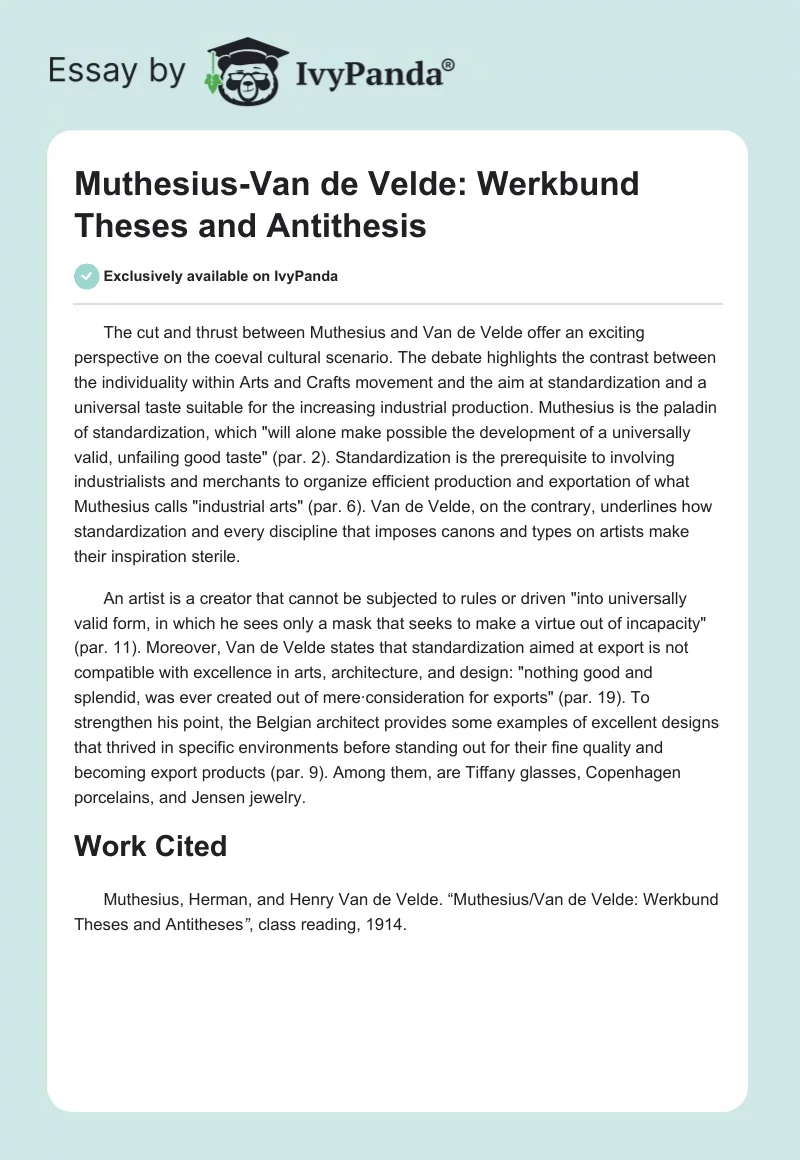 Muthesius-Van de Velde: Werkbund Theses and Antithesis. Page 1