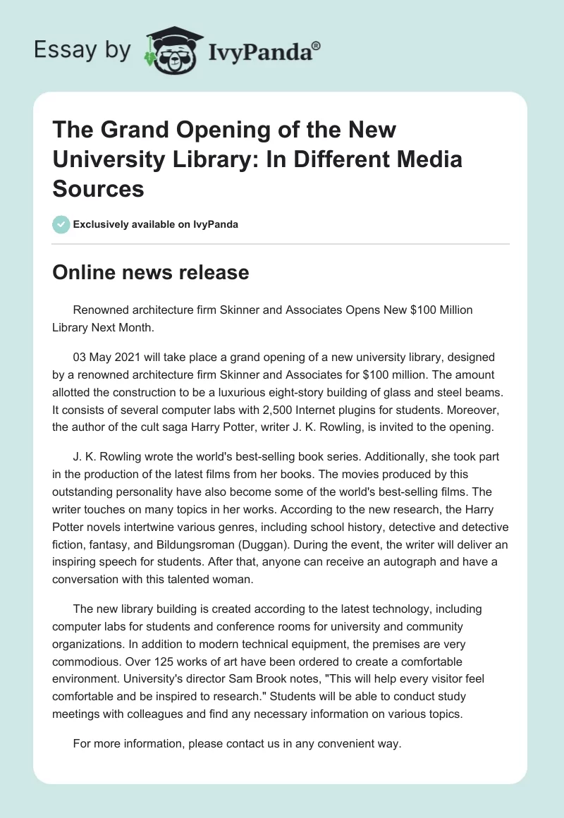 The Grand Opening of the New University Library: In Different Media Sources. Page 1