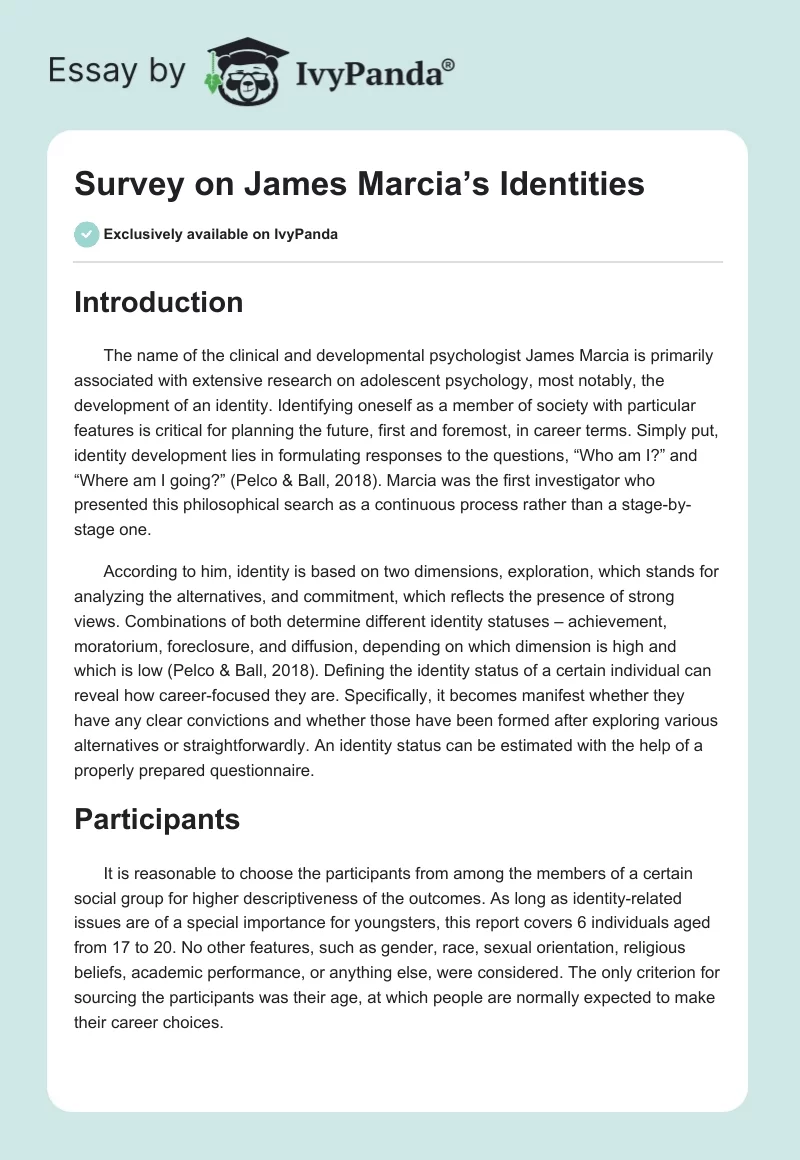 Survey on James Marcia’s Identities. Page 1