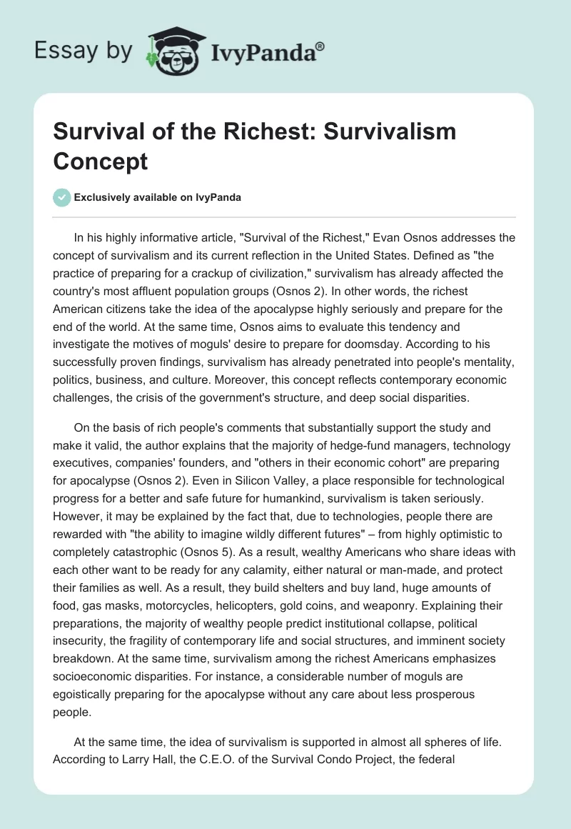 "Survival of the Richest": Survivalism Concept. Page 1