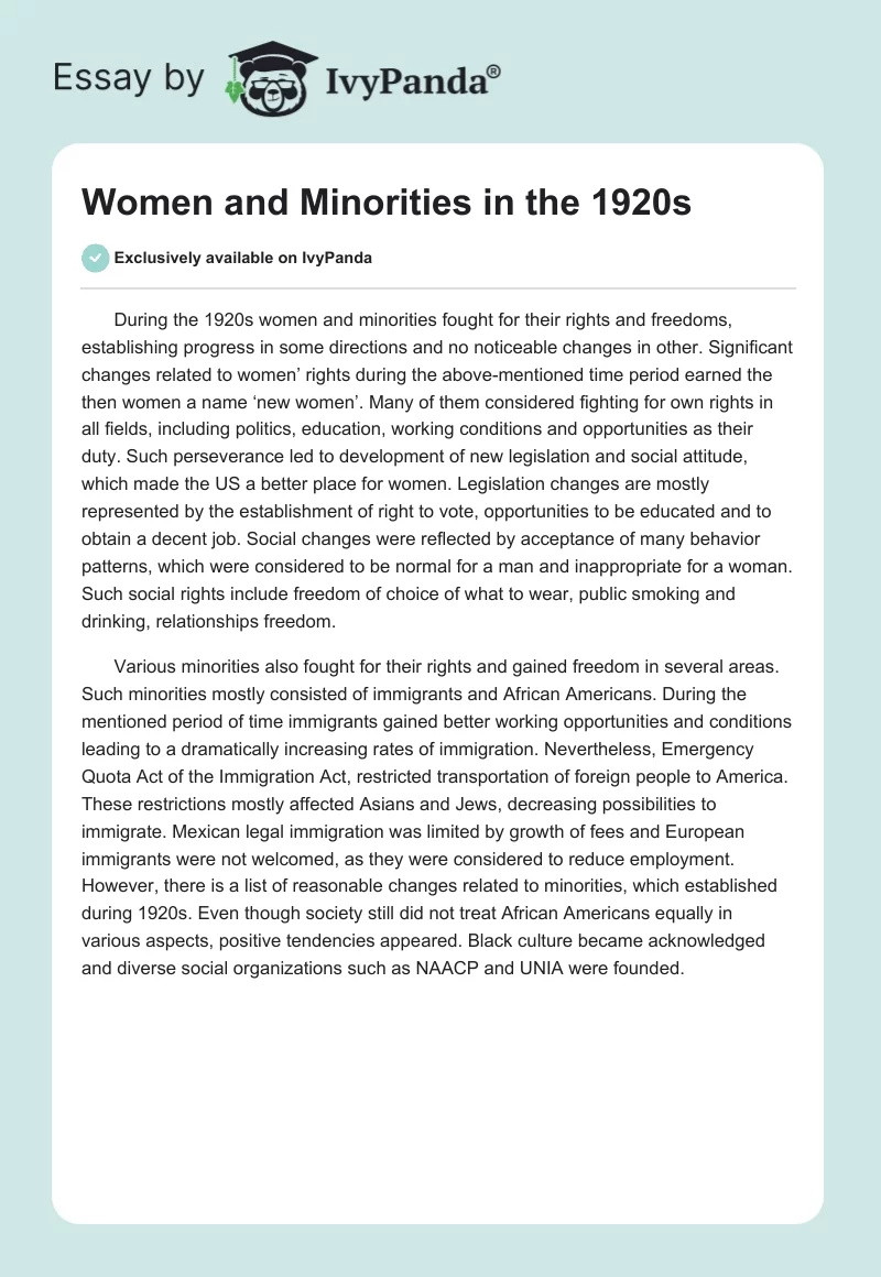 Women and Minorities in the 1920s. Page 1