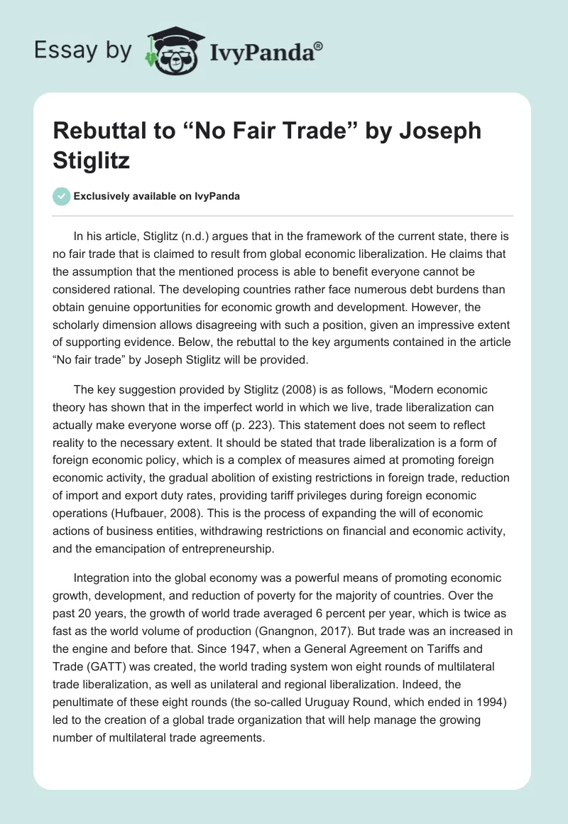 Rebuttal to “No Fair Trade” by Joseph Stiglitz. Page 1