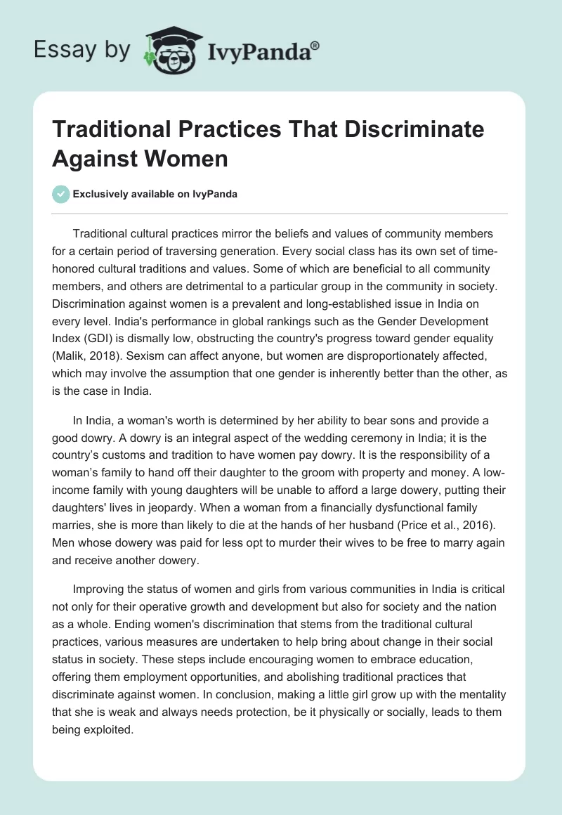 Traditional Practices That Discriminate Against Women. Page 1