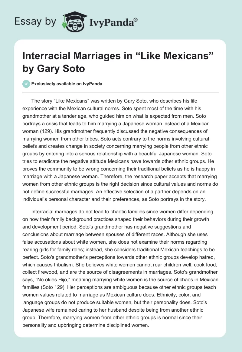 Interracial Marriages in “Like Mexicans” by Gary Soto. Page 1