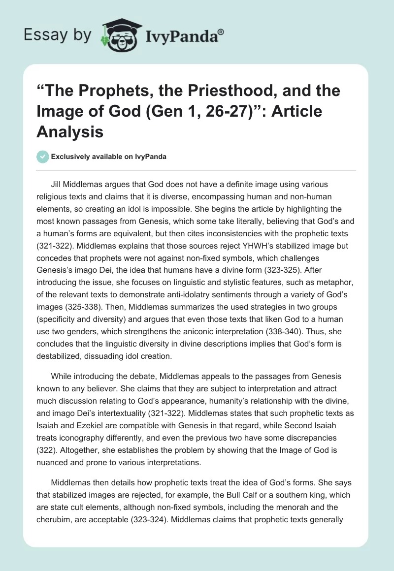 “The Prophets, the Priesthood, and the Image of God (Gen 1, 26-27)”: Article Analysis. Page 1