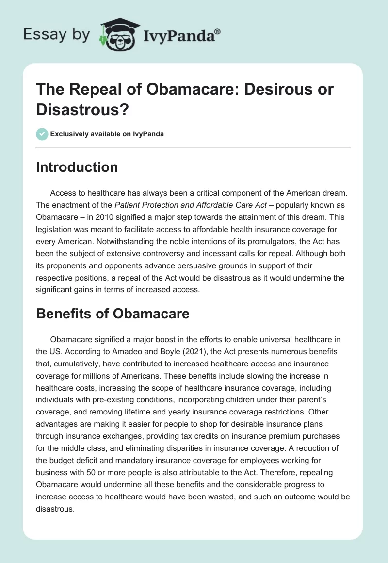 The Repeal of Obamacare: Desirous or Disastrous?. Page 1