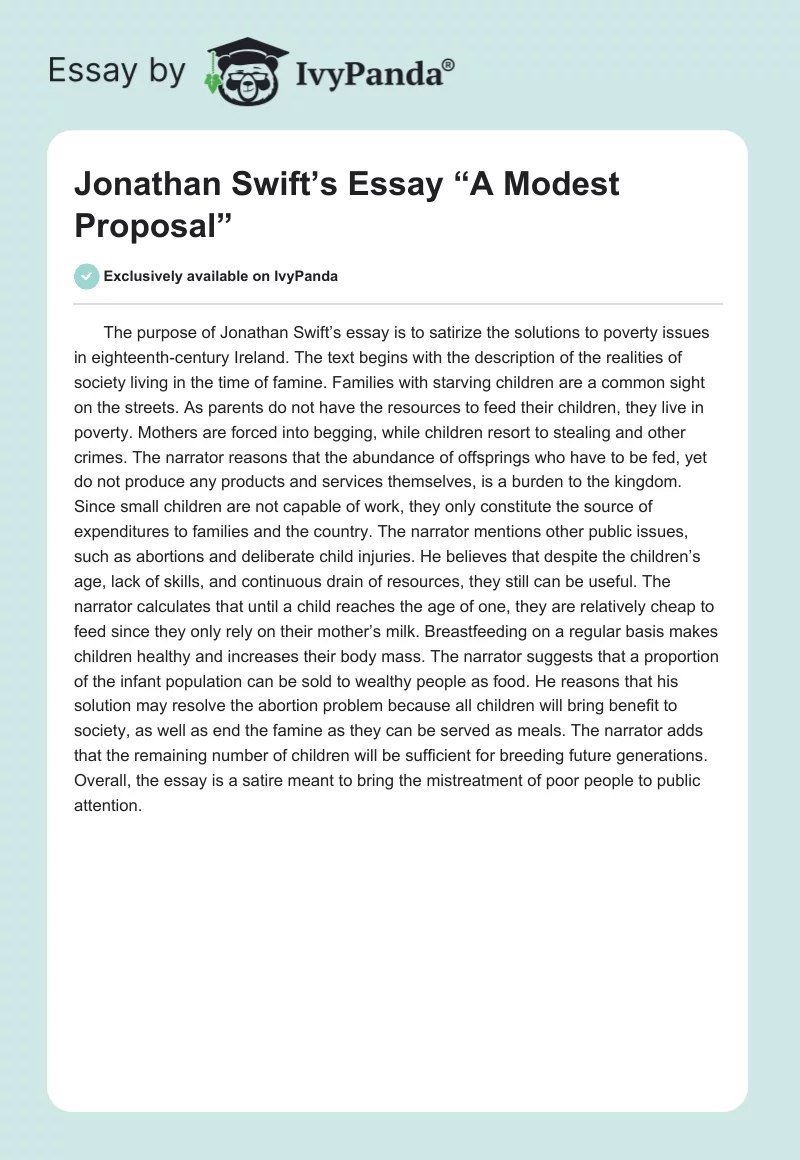 Jonathan Swift’s Essay “A Modest Proposal”. Page 1
