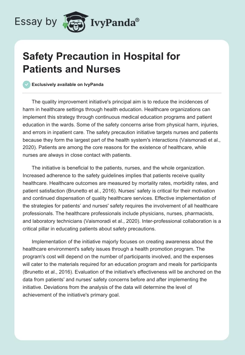 Safety Precaution in Hospital for Patients and Nurses. Page 1