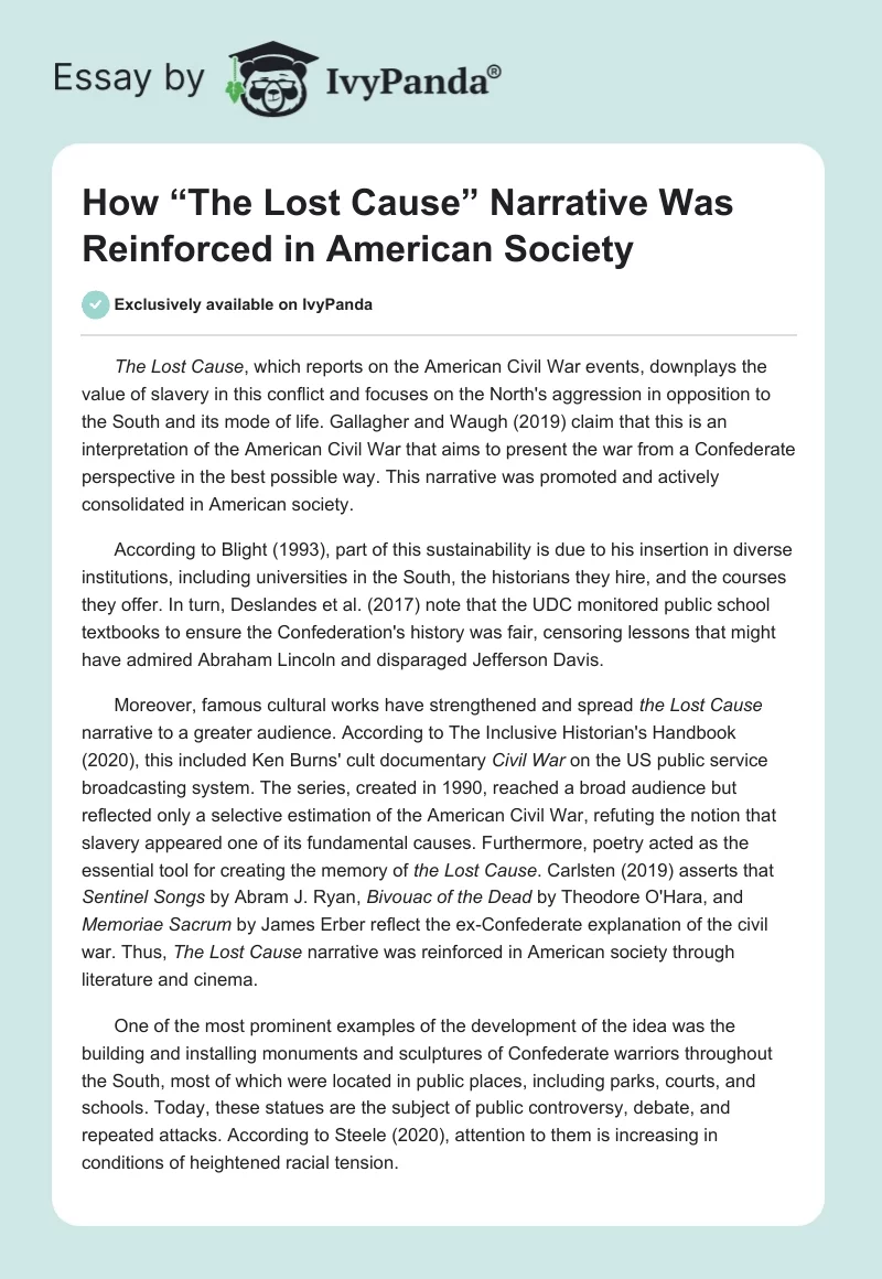 How “The Lost Cause” Narrative Was Reinforced in American Society. Page 1