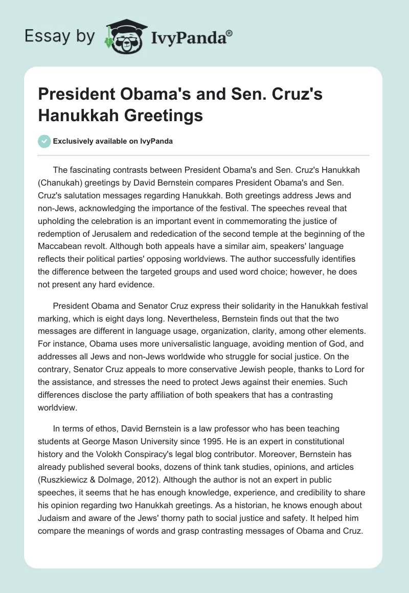 President Obama's and Sen. Cruz's Hanukkah Greetings. Page 1