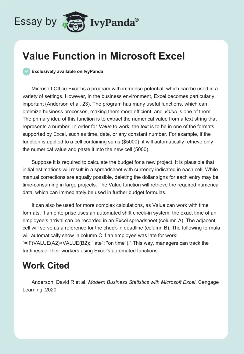 Value Function in Microsoft Excel. Page 1
