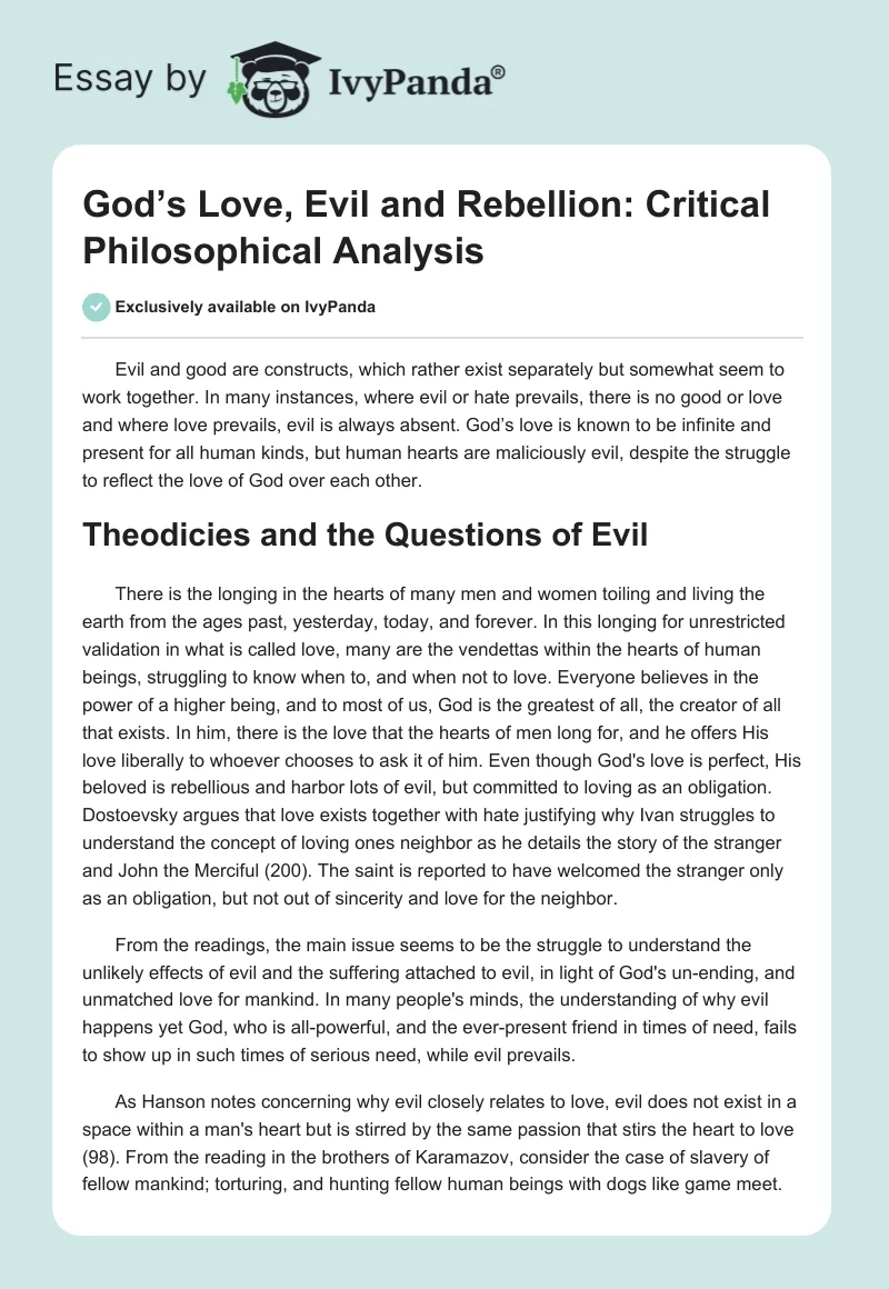 God’s Love, Evil and Rebellion: Critical Philosophical Analysis. Page 1