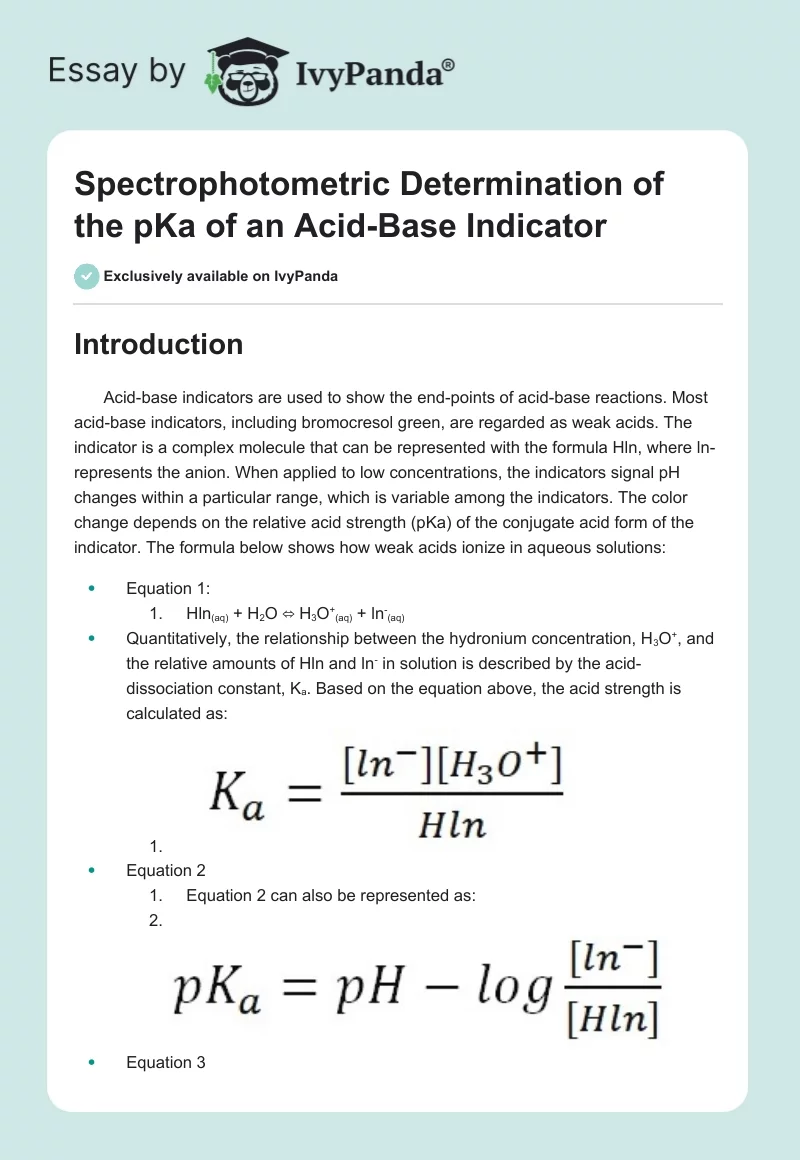Spectrophotometric Determination of the pKa of an Acid-Base Indicator. Page 1