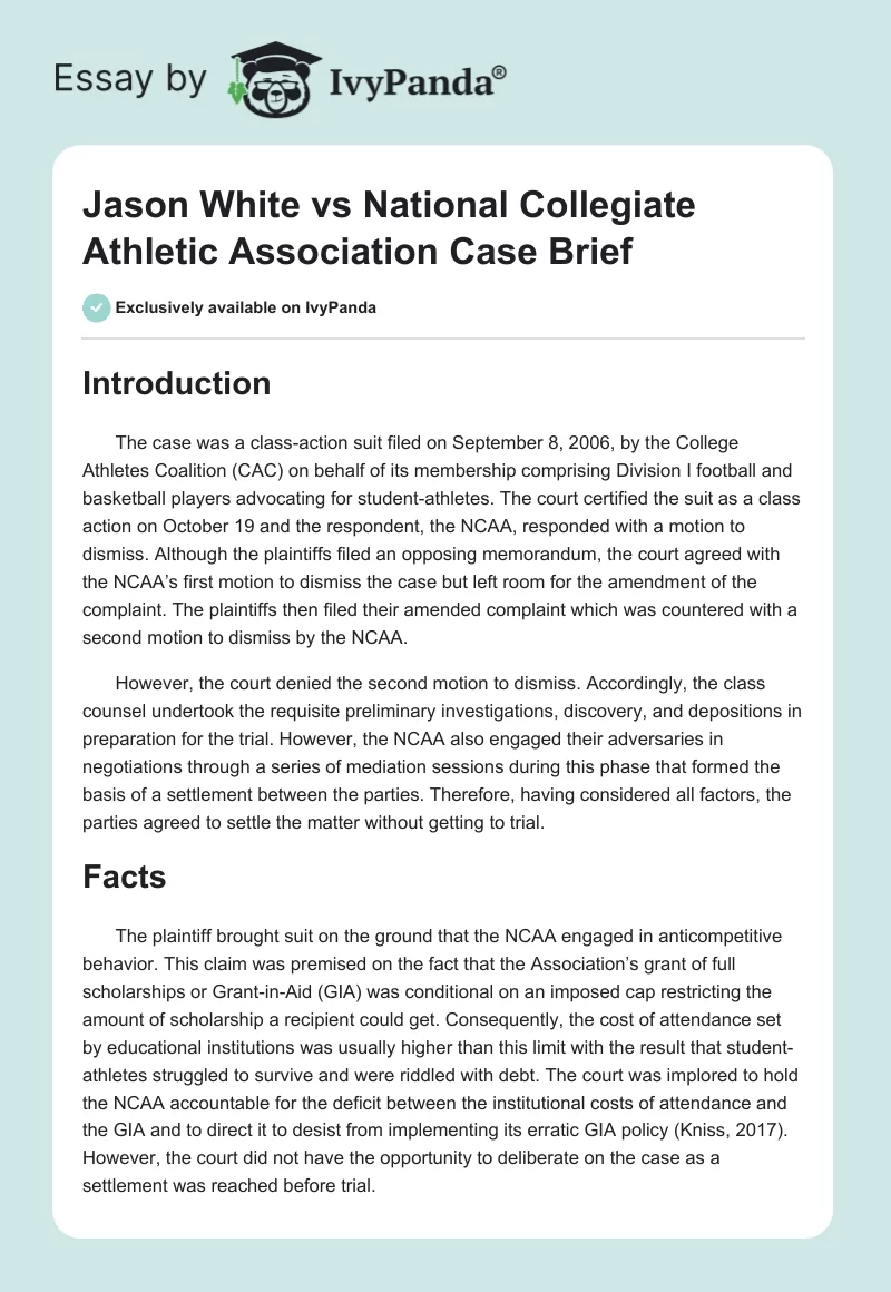 Jason White vs. National Collegiate Athletic Association Case Brief. Page 1