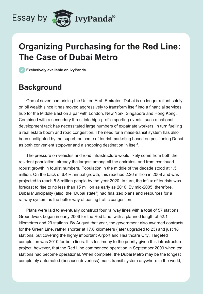 Organizing Purchasing for the Red Line: The Case of Dubai Metro. Page 1