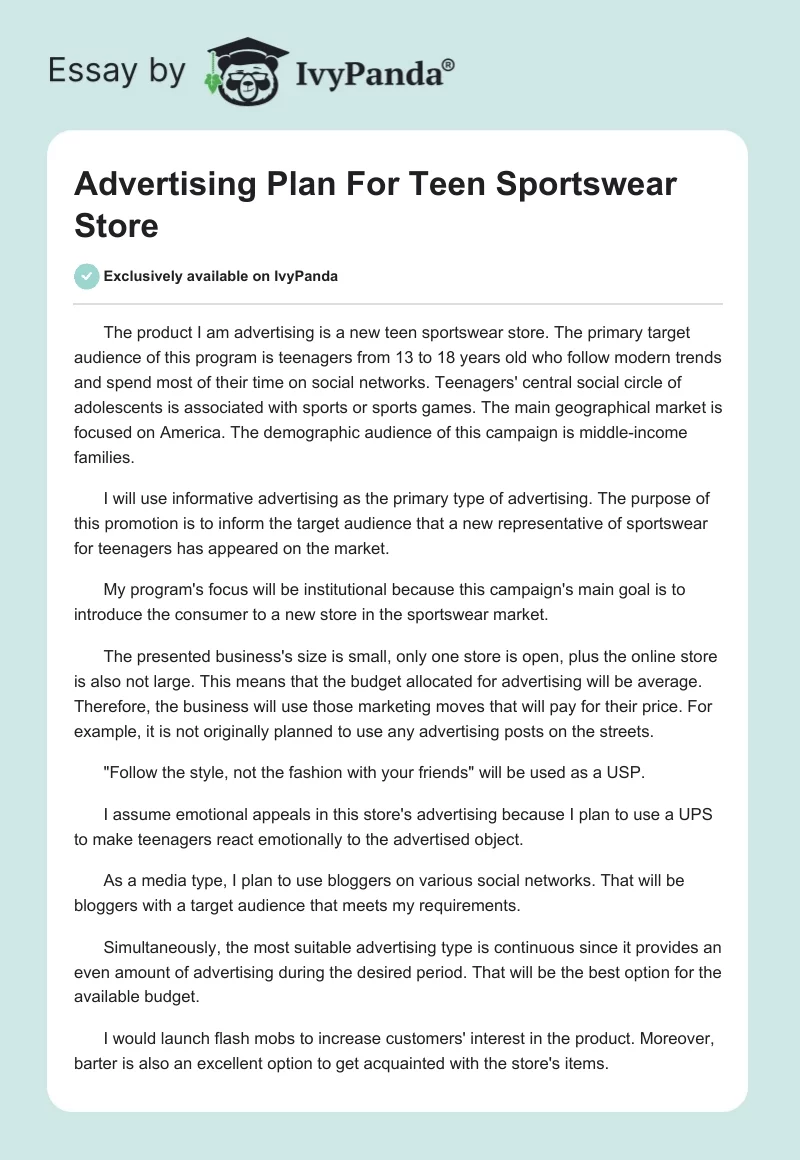 Advertising Plan For Teen Sportswear Store. Page 1