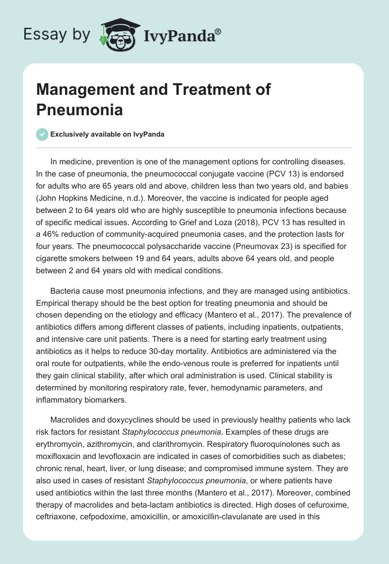 Management and Treatment of Pneumonia. Page 1