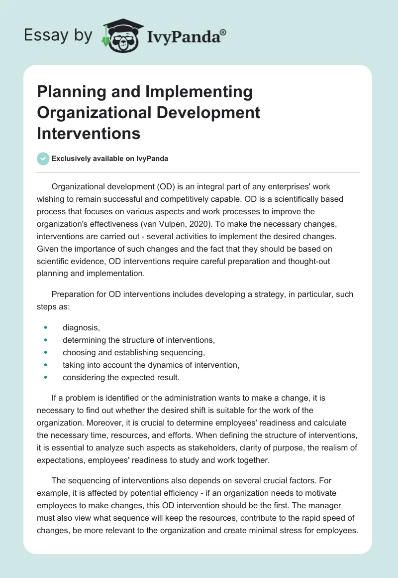 Planning and Implementing Organizational Development Interventions. Page 1